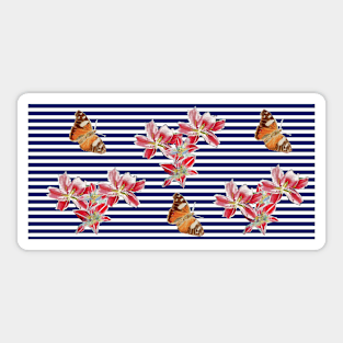 Shabby Chic Red Lillies and Butterflies Floral Pattern Blue Stripe Sticker